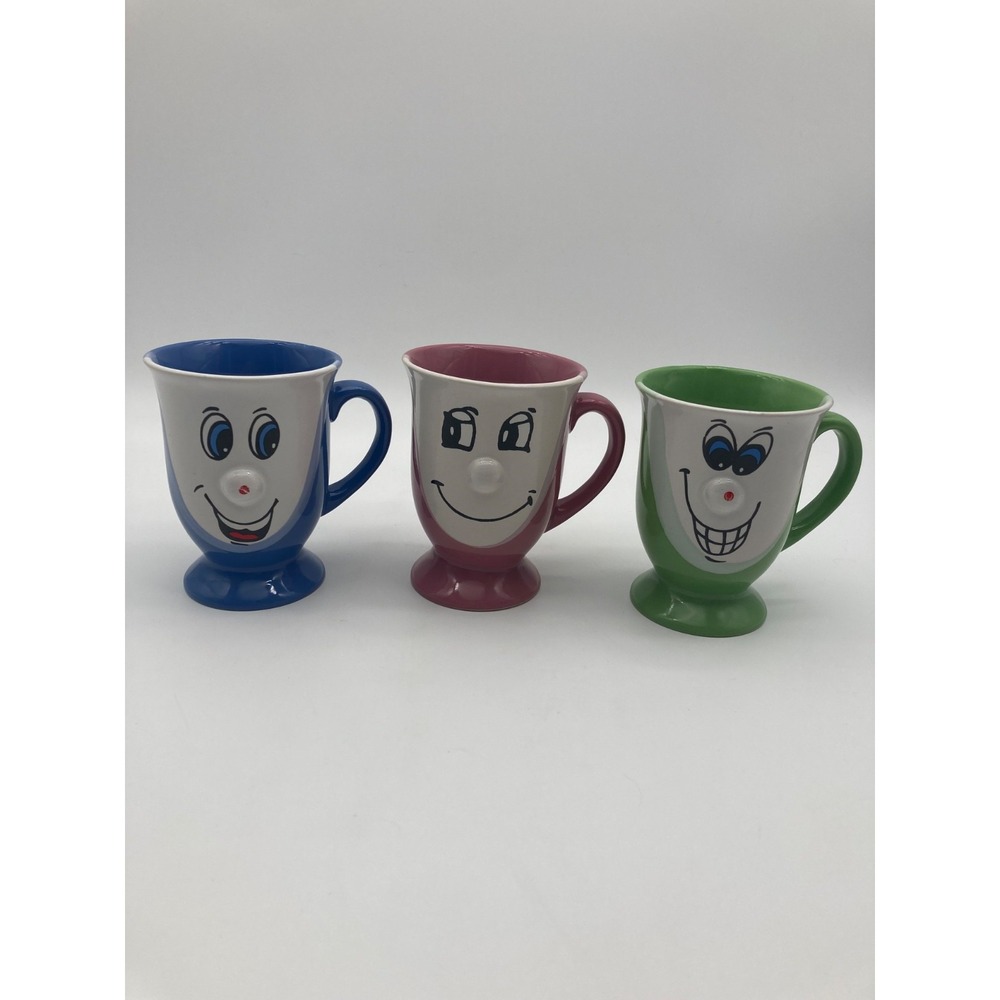 Ceramic Silly Face Mugs 3D Nose Pedestal Base Coffee Cups Set of 3 Colourful